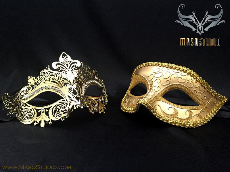 Couple Masquerade Mask Set Laser cut Mysterious Gold STACY