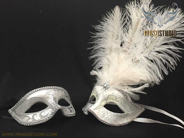 Fifty shades of Grey Couple Masquerade Feather mask Pair White Silver
