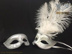 Silver accent White silver Feather Masquerade Mask for couple