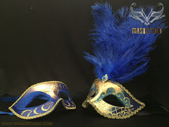 Gold accent Royal Blue Gold Feather Masquerade Mask for couple