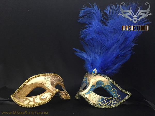 Fifty shades of Grey Couple Feather Masquerade mask Pair Royal Blue Gold