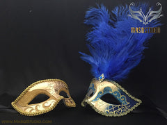 Gold accent Royal Blue Gold Feather Masquerade Mask for couple