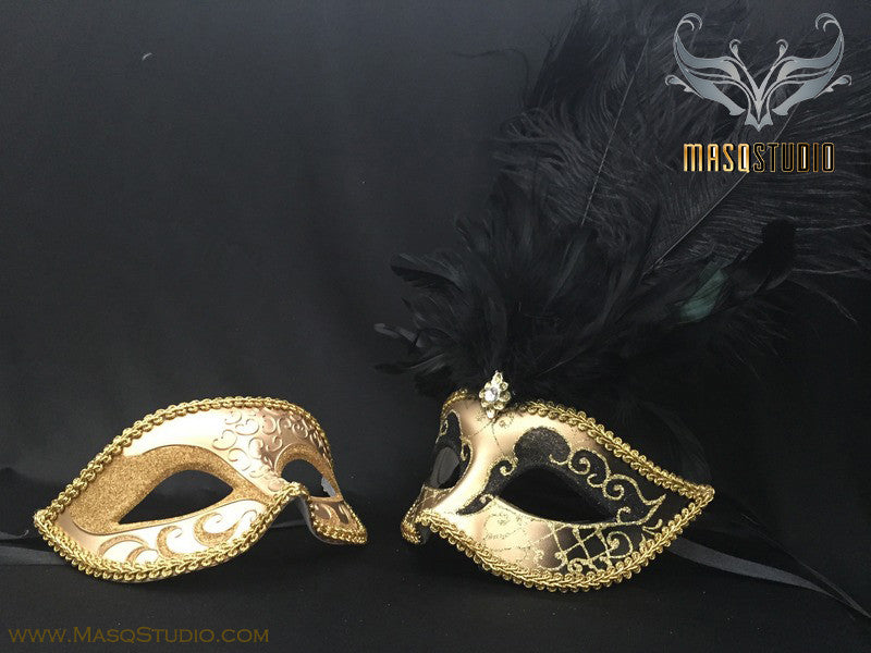 Gold accent Black Gold Feather Masquerade Mask for couple
