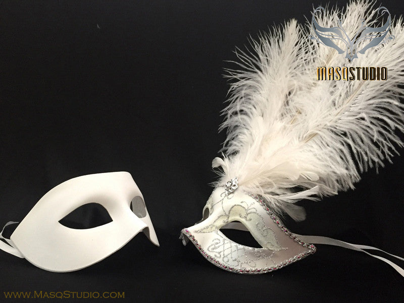 White Feather Masquerade Mask for couple