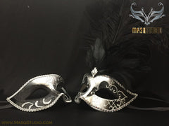 Silver accent Black Silver Feather Masquerade Mask for couple