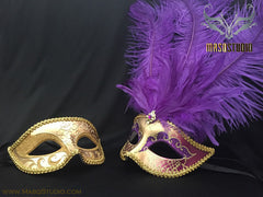 Gold accent purple gold Feather Masquerade Mask for couple