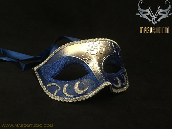 Men's Royal Blue Silver Masquerade ball eye mask