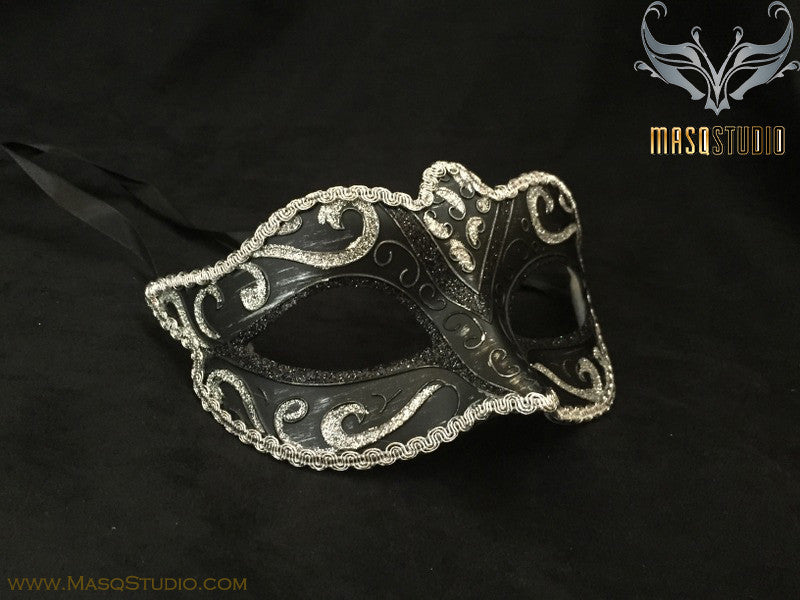 Venetian style Children Masquerade Eye Mask Black Silver