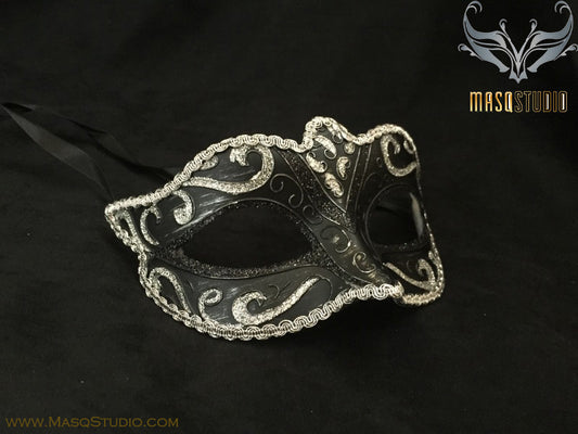 Venetian style Children Masquerade Eye Mask Black Silver