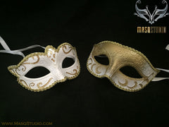 Classic Venetian Couple White Gold Masquerade Mask Set