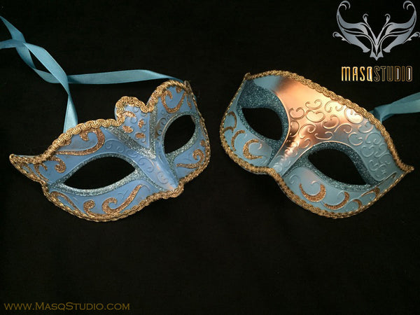 Classic Venetian Couple Turquoise Gold Masquerade Mask Set