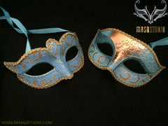 Classic Venetian Couple Turquoise Gold Masquerade Mask Set
