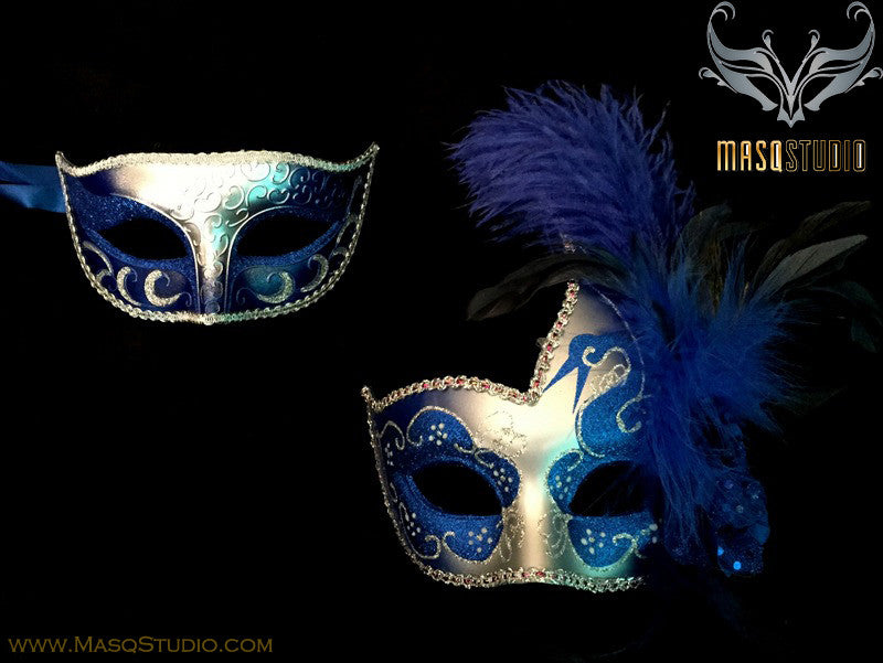 Couple Masquerade mask set Venetian Feathered Royal Blue Silver Masquerade Mask Pair