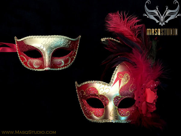 Couple Masquerade mask set Venetian Feathered Red Gold Masquerade Mask Pair