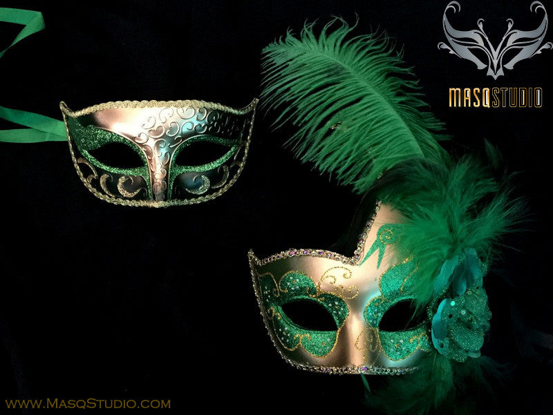 Emerald Green Masquerade Masks Couples Masquerade Ball Masks Green Women  Feather Mask Black Mens Venetian Mask Halloween Mask Party Masks 