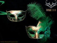 Couple Masquerade mask set Venetian Feathered Green Gold Masquerade Mask Pair