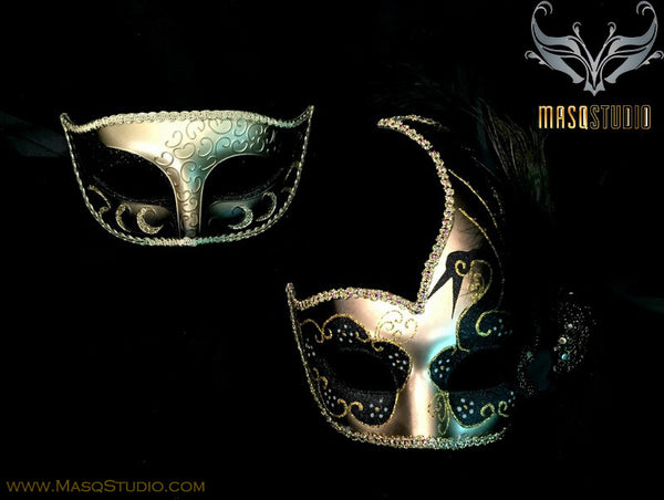 Couple Masquerade mask set Venetian Feathered Black Gold Masquerade Mask Pair