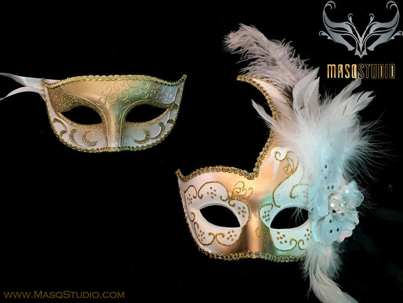 Couple Masquerade mask set Venetian Feathered White Gold Masquerade Mask Pair