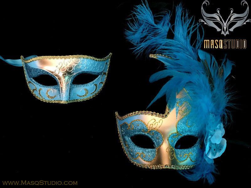 Couple Masquerade mask set Venetian Feathered Turquoise Gold Masquerade Mask Pair