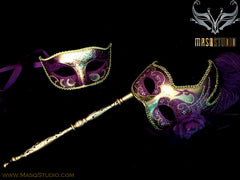 Venetian Couple Feather Masquerade Stick Mask Set Purple Gold