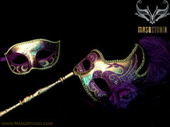 Venetian Couple Feather Masquerade Stick Mask Set Purple Gold