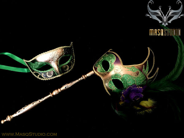 Venetian Couple Feather Masquerade Stick Mask Set Mardi Gras