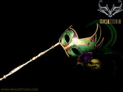 Venetian Couple Feather Masquerade Stick Mask Set Gold