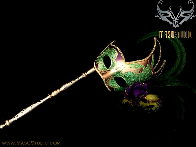Venetian Couple Feather Masquerade Stick Mask Set Mardi Gras