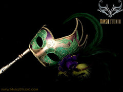 Masquerade Mask Venetian Style Ostrich Feather Swan - Mardi Gras Stick Mask