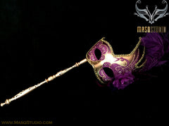 Venetian Couple Feather Masquerade Stick Mask Set Gold Purple