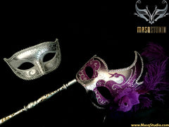 Venetian Couple Feather Masquerade Stick Mask Set Silver Purple