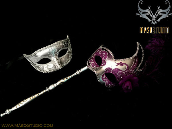 Venetian Couple Feather Masquerade Stick Mask Set Silver Purple