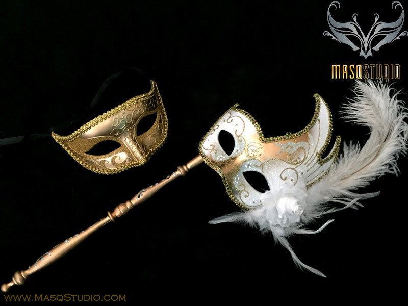Venetian Couple Feather Masquerade Stick Mask Set Mardi Gras