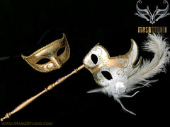 Venetian Couple Feather Masquerade Stick Mask Set Mardi Gras