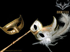 Venetian Couple Feather Masquerade Stick Mask Set White Gold