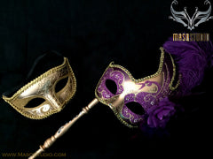 Venetian Couple Feather Masquerade Stick Mask Set Gold Purple