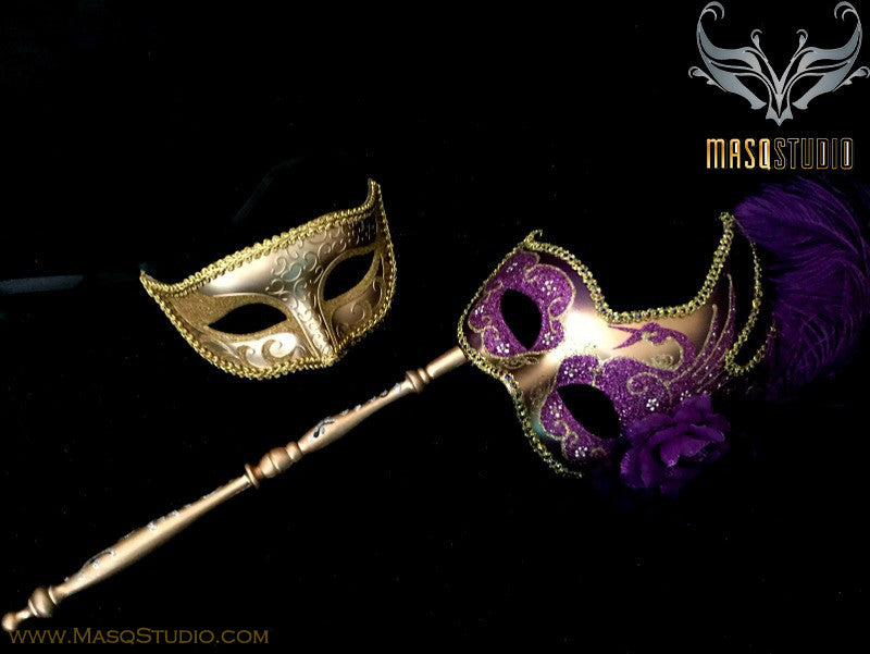 Venetian Couple Feather Masquerade Stick Mask Set Gold Purple