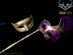 Venetian Couple Feather Masquerade Stick Mask Set Gold Purple