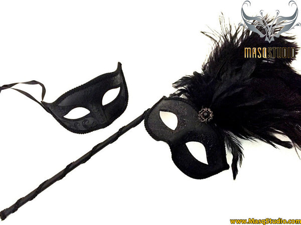 Venetian Couple Ostrich Feather Masquerade Stick Mask Solid Black