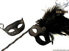 Venetian Couple Ostrich Feather Masquerade Stick Mask Solid Black