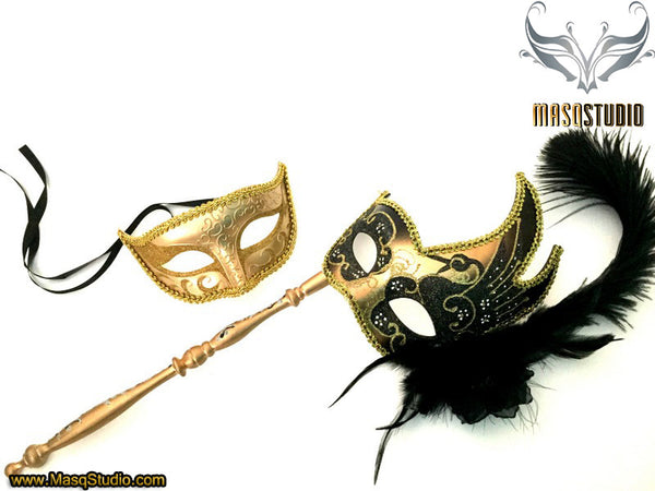 Venetian Couple Feather Masquerade Stick Mask Set Gold Black