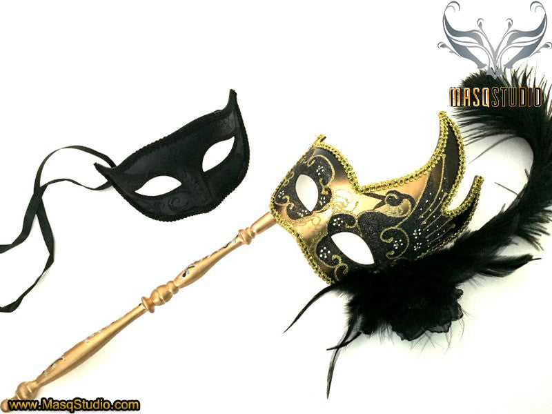 Venetian Couple Feather Masquerade Stick Mask Set Mardi Gras