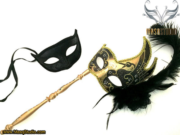 Venetian Couple Feather Masquerade Stick Mask Set Gold Black
