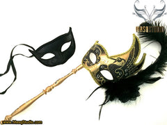 Venetian Couple Feather Masquerade Stick Mask Set Mardi Gras