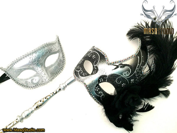 Venetian Couple Feather Masquerade Stick Mask Pair Silver Black