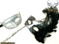 Venetian Couple Feather Masquerade Stick Mask Set Silver Black