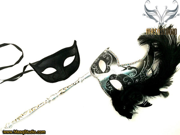 Venetian Couple Feather Masquerade Stick Mask Pair Silver Black