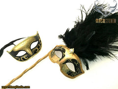 Venetian Couple Ostrich Feather Masquerade Stick Mask Gold Black Gold