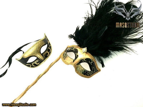 Venetian Couple Ostrich Feather Masquerade Stick Mask Gold Black Gold