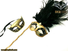 Venetian Couple Feather Masquerade Stick Mask Set Mardi Gras